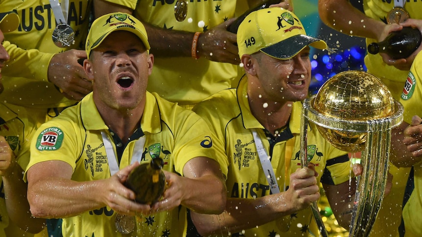 David Warner and Michael Clarke celebrate with World Cup