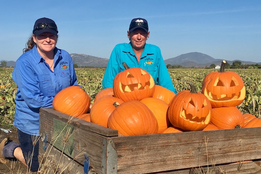 Farmers Michelle O'Regan and Belinda Williams kneel behind a crate of orange Halloween pumpkins.