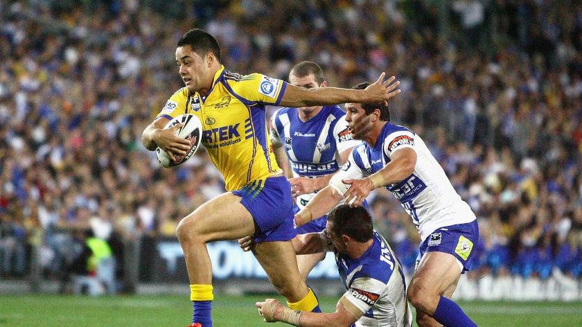 Thundering momentum: Hayne played a pivotal role in the Eels' defence, but went on report for a dangerous knee.