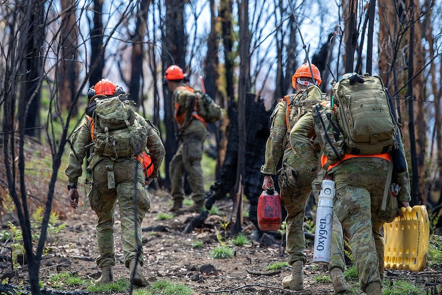 Four soldiers in camouflage wearing backpacks and carrying equipment walk through burnt out forest and black trees