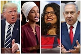 US President Donald Trump, US Congresswomen Ilhan Omar, Rashida Tlaib, and Prime Minister Benjamin Netanyahu