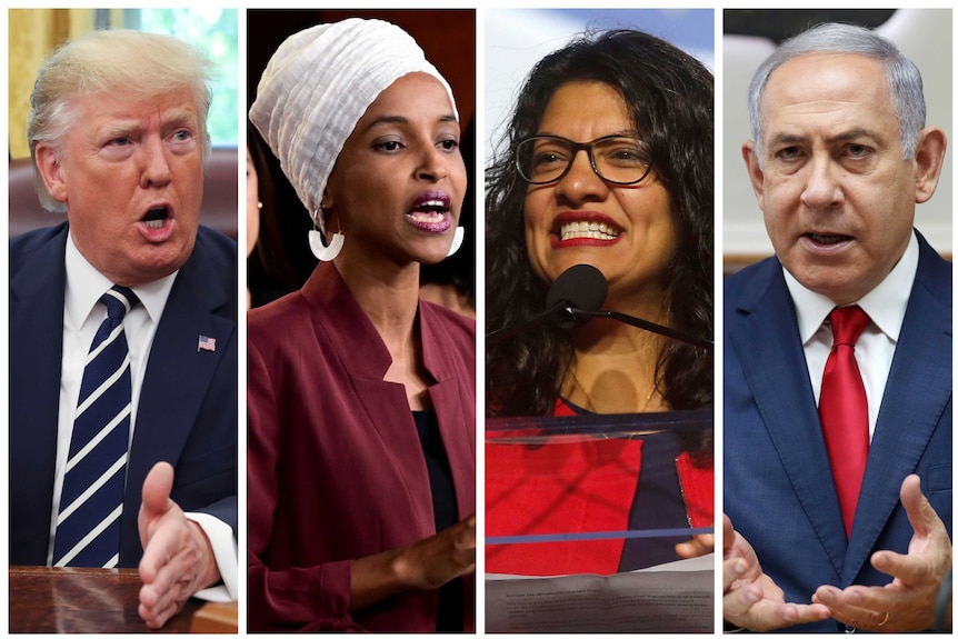 US President Donald Trump, US Congresswomen Ilhan Omar, Rashida Tlaib, and Prime Minister Benjamin Netanyahu