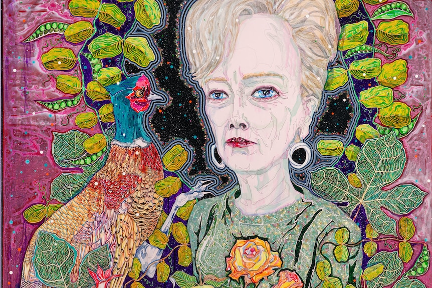 An artistic portrait of Maggie Beer, featuring a pheasant, pomegranate, flowers and leaves.