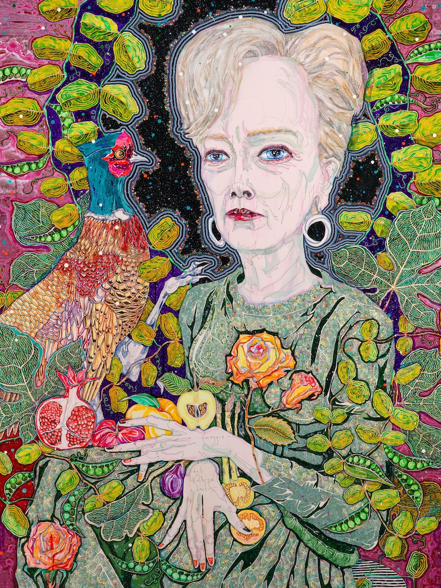An artistic portrait of Maggie Beer, featuring a pheasant, pomegranate, flowers and leaves.