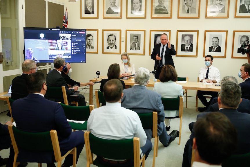 Barnaby Joyce stands and talks to his Nationals colleagues in their partyroom