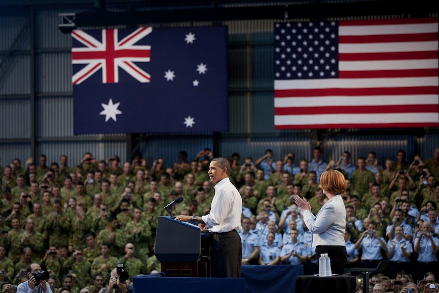 Then US President Barack Obama address US and Australian troops at RAAF Base Darwin in November 17, 2011.