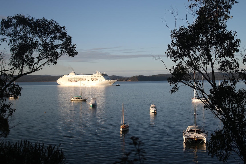 A large cruise ship moored at Twofold Bay