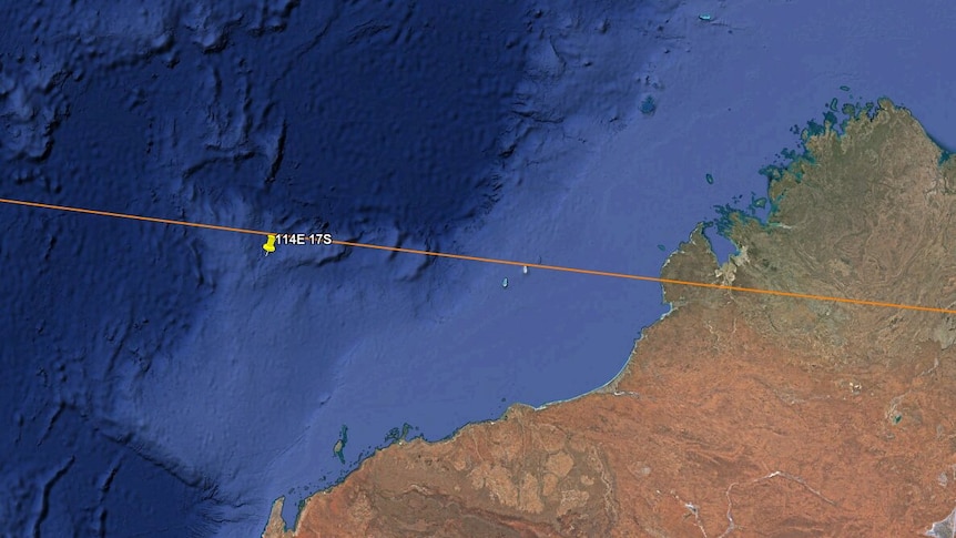 Image of a map, featuring a plotted trajectory of the space junk which passed over Broome