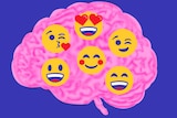 Illustration of brain with happy and joyful emojis on top to show the internal benefits of kindness