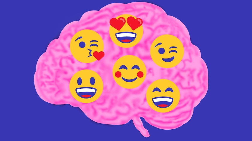 Illustration of brain with happy and joyful emojis on top to show the internal benefits of kindness