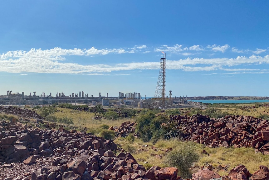 Rocas rojas y arbustos en primer plano, con la infraestructura de la planta de gas al fondo.