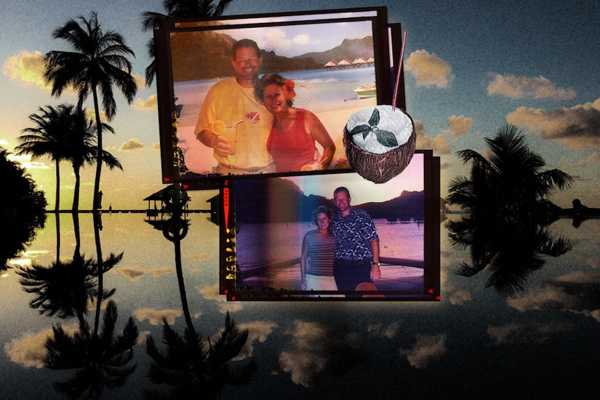 Two photos of male and female partners on tropical holiday sit on top of resort sunset photo.