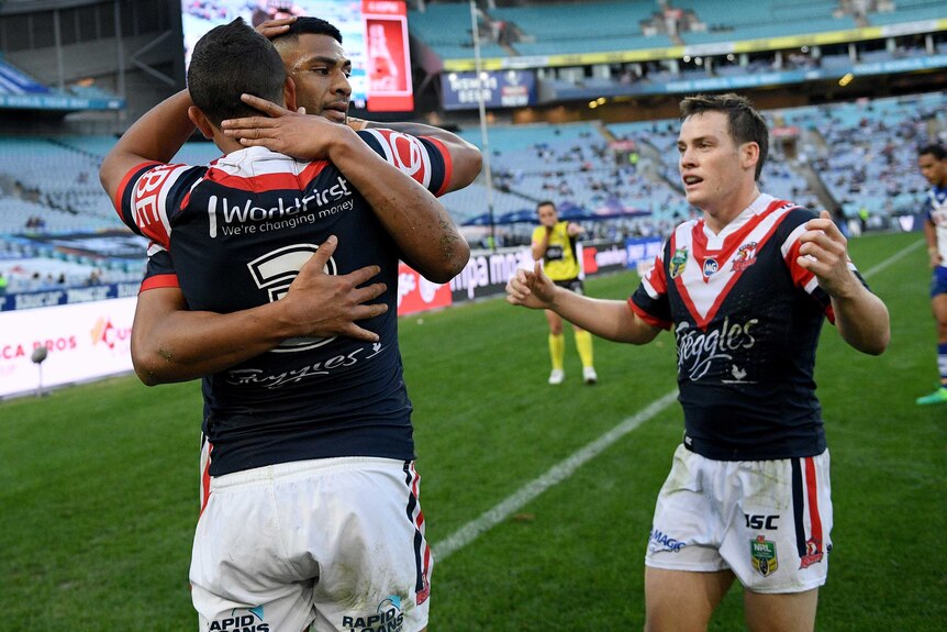 The Sydney Roosters' Latrell Mitchell celebrates a try against the Canterbury Bulldogs