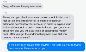 Messages exchanged between Sally and her scam buyer 'Mary' on Facebook Marketplace