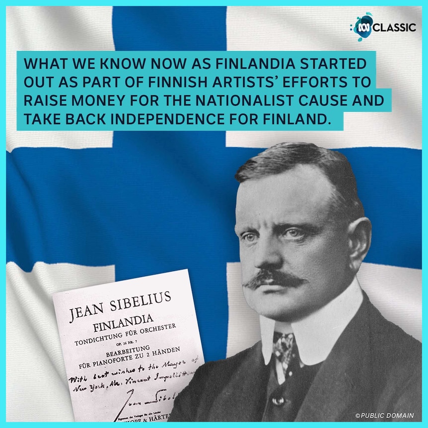 Jean Sibelius pictured before the Finnish flag.