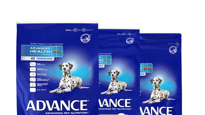 Three blue bags of Advance Dermocare dog food.