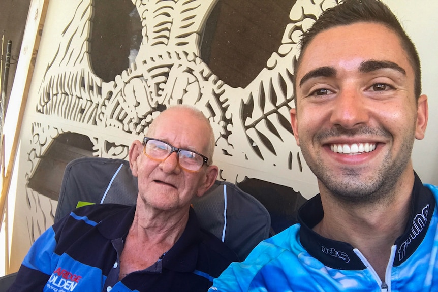 Ray Johnstone and his new fishing mate Mati Batsinilas on Stradbroke Island.