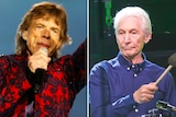 Side by side photos of Mick Jagger performing in a red shirt and Charlie Watts drumming in a blue shirt