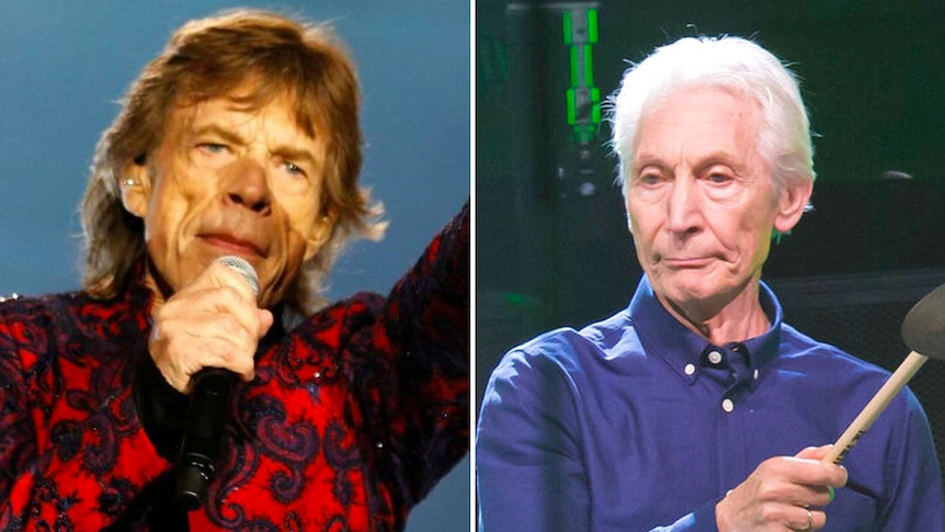 Side by side photos of Mick Jagger performing in a red shirt and Charlie Watts drumming in a blue shirt