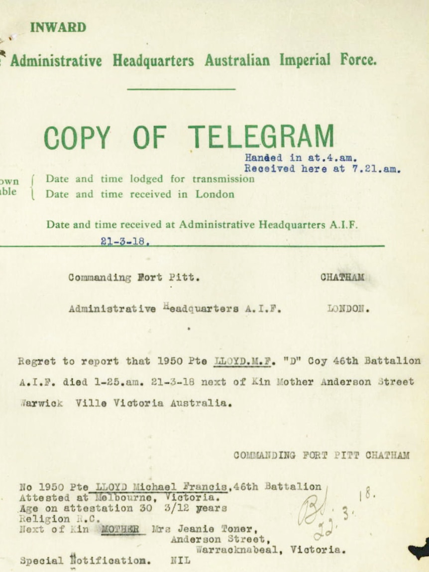 AIF telegram announcing the death of Private M.F. Lloyd