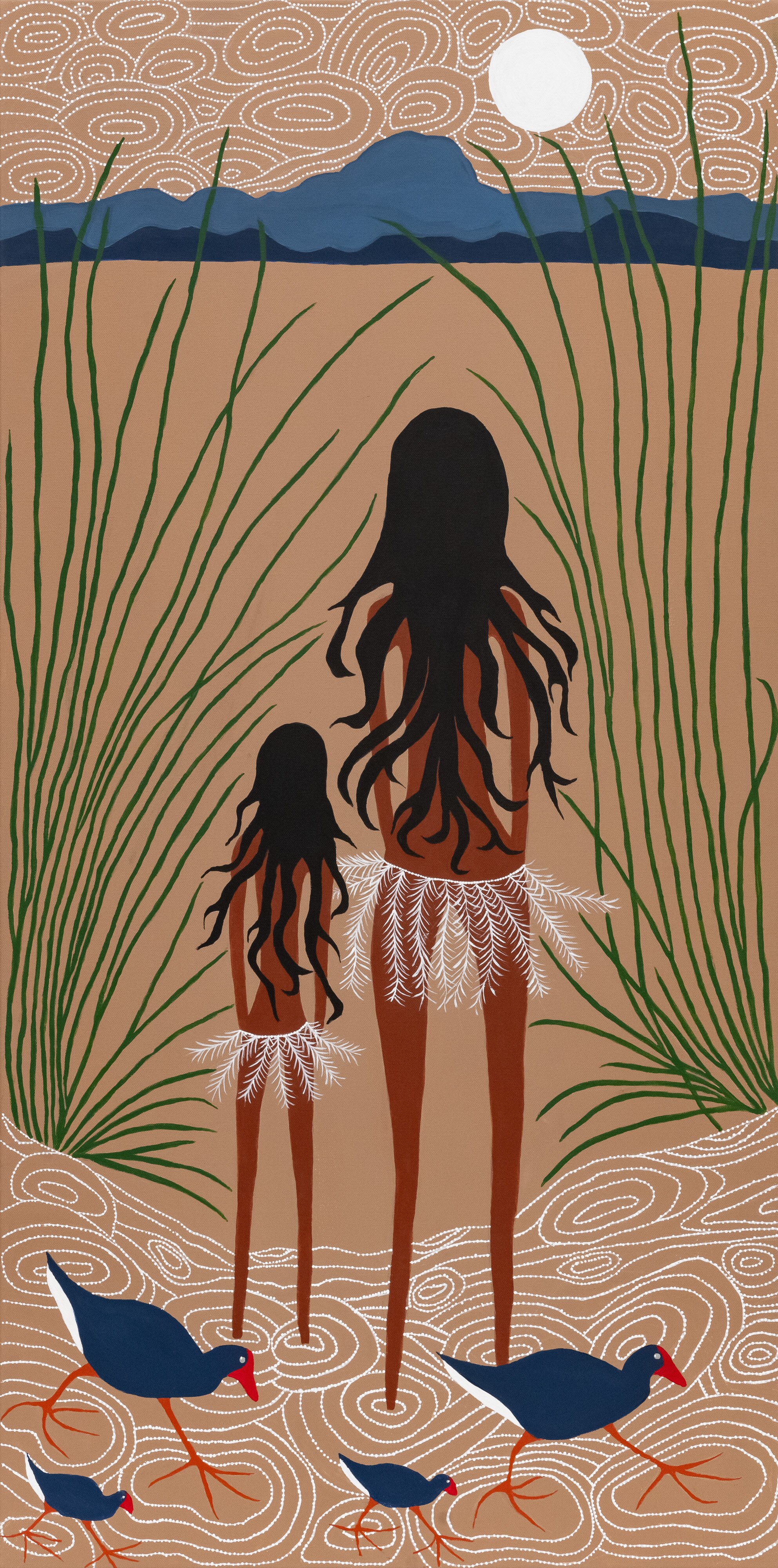 A canvas painting of two women with their back to the viewer, looking towards a mountain range.