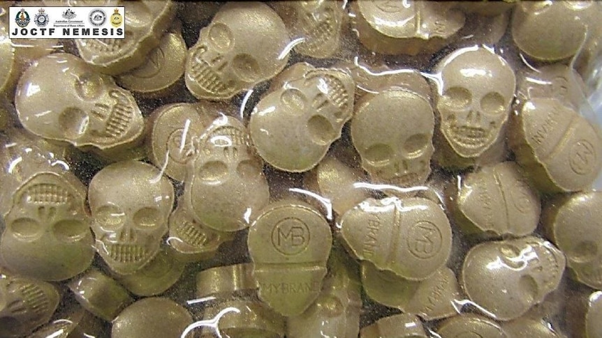 A photo of drugs shaped as skulls.