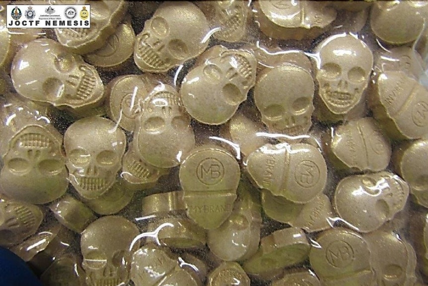 A photo of drugs shaped as skulls.