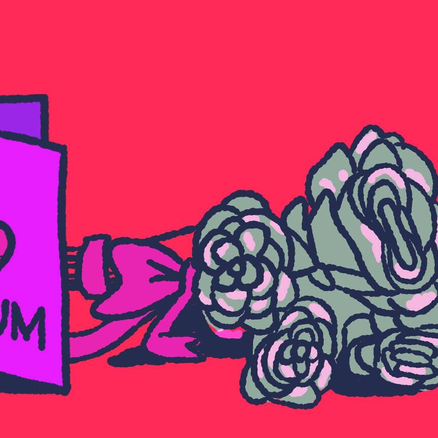an illustration of a discarded bouquet of flowers and a card saying 'I love u mum' that features a picture of a broken heart