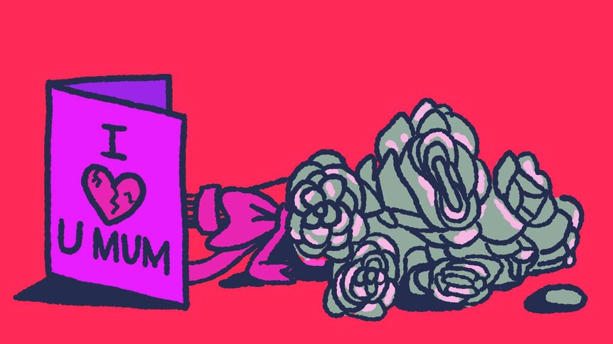 an illustration of a discarded bouquet of flowers and a card saying 'I love u mum' that features a picture of a broken heart