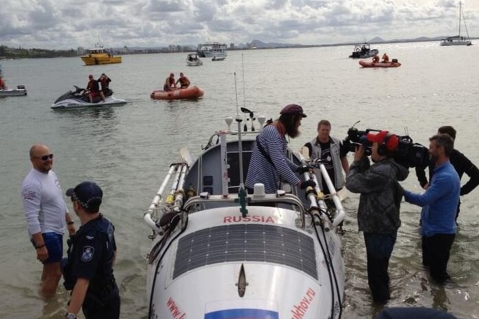 Fedor Konyukhov, 63 was greeted by crowds and media after he sailed solo from Chile to Mooloolaba on the Sunshine Coast in May last year.