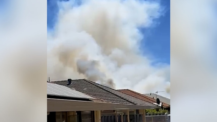 Smoke rises in the background over the roofs of suburban houses