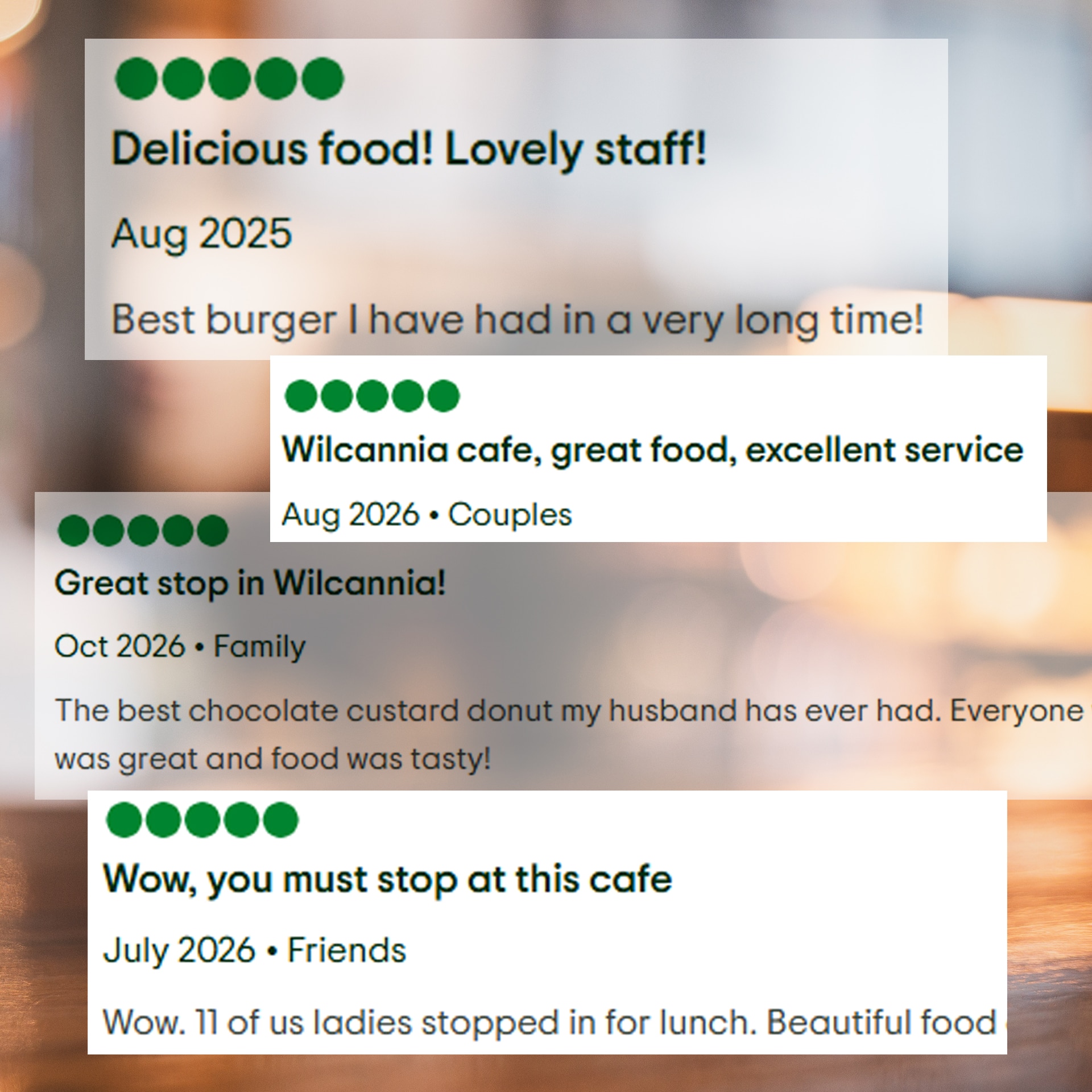 A graphic showing good reviews for a cafe.