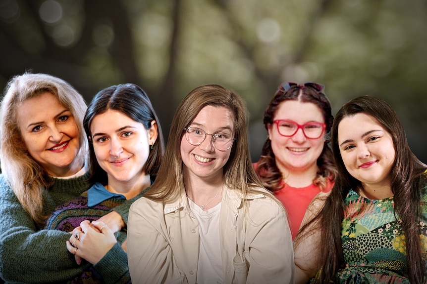 A composite image of five women, all smiling, with a soft green background. 