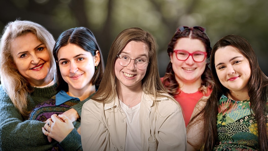 A composite image of five women, all smiling, with a soft green background. 
