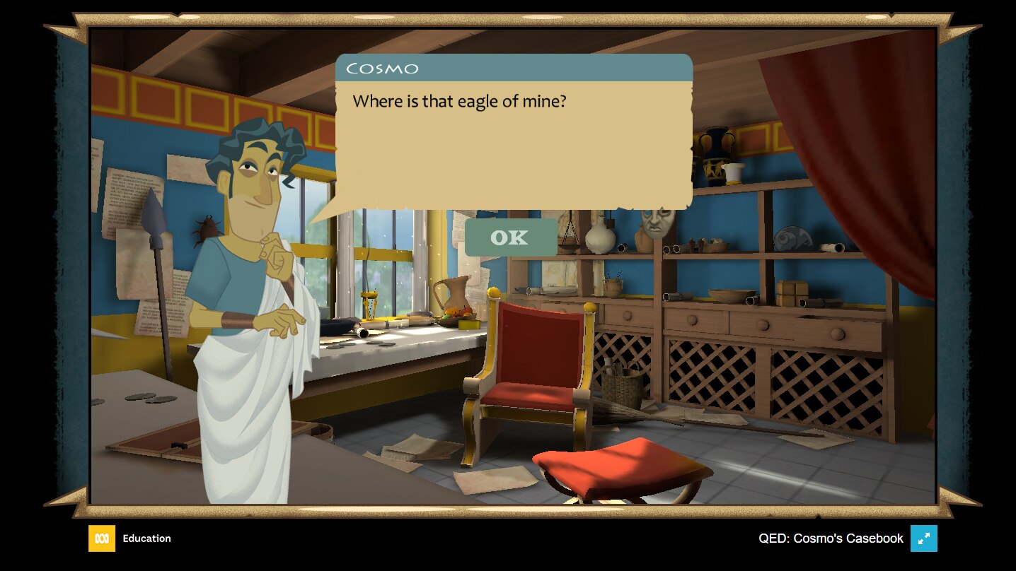 Screenshot from QED: Cosmo's Casebook game, man in toga stands in room