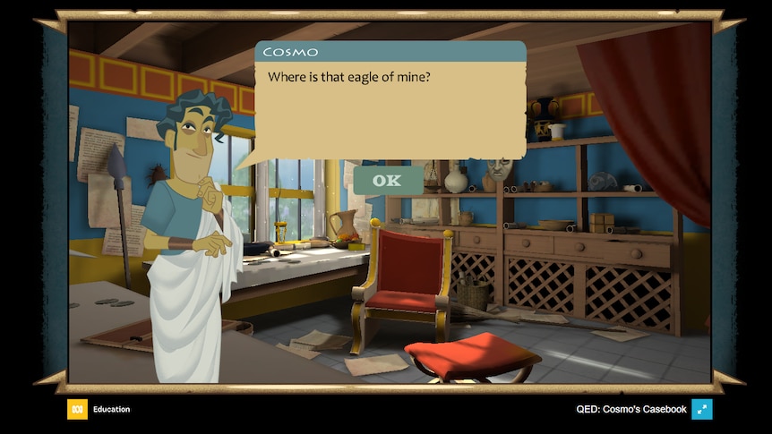 Screenshot from QED: Cosmo's Casebook game, man in toga stands in room