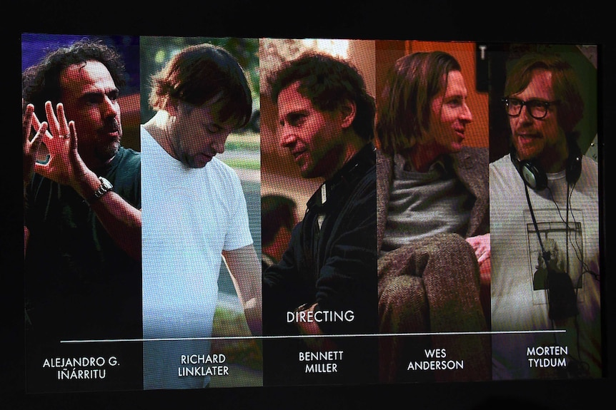A screen showing the 2015 Oscar nominees for best director.