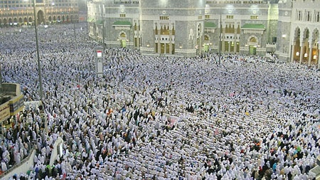 Pilgrims face the Holy Kabba in prayer in Mecca ahead of the annual hajj.