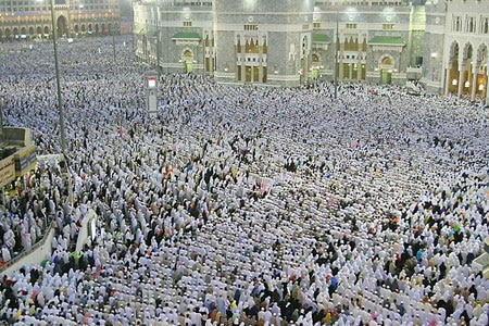 Pilgrims face the Holy Kabba in prayer in Mecca ahead of the annual hajj.