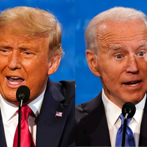 A composite image of close-up headshots of Donald Trump and Joe Biden speaking to microphones at a debate