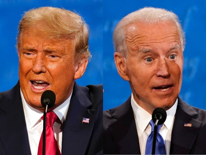 A composite image of close-up headshots of Donald Trump and Joe Biden speaking to microphones at a debate