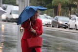 A woman wearing a red coat walks along a footpath carrying a buckling umbrella above her head with traffic in the background.