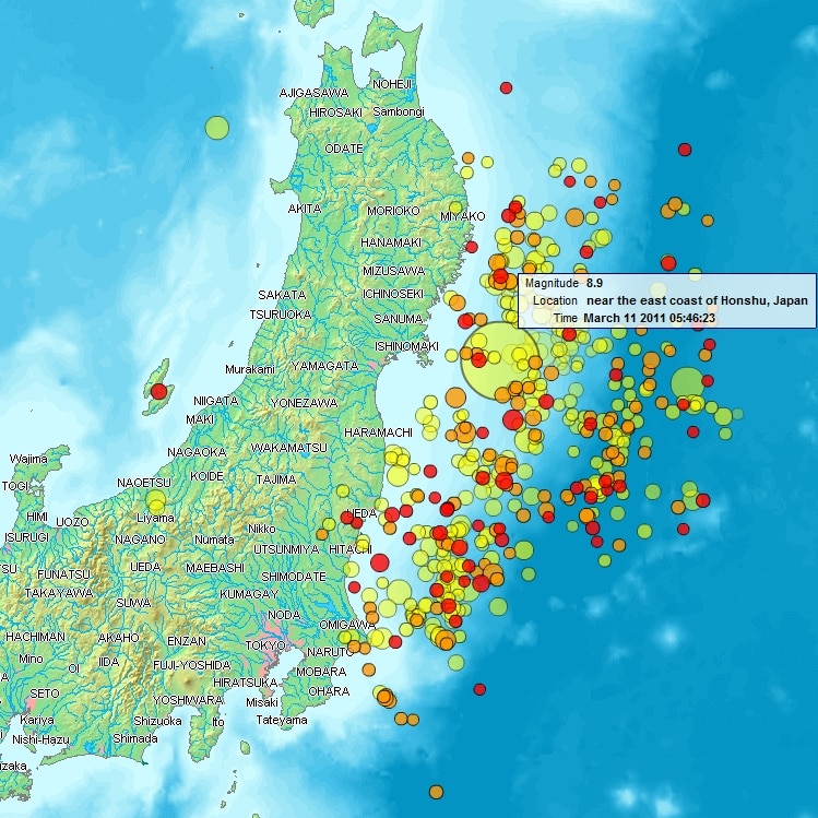 Map of March 2011 Japan earthquake and aftershocks.