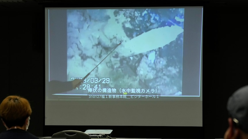 Video footage projected on a wall shows an underwater view of a corroded structure.