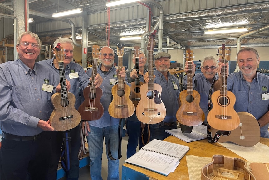 Tamborine Mountain Men’s Shed turns wood scraps into instruments for band The Offcuts