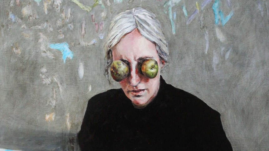 A painting of a woman with grey hair sitting down with potatoes covering her eyes