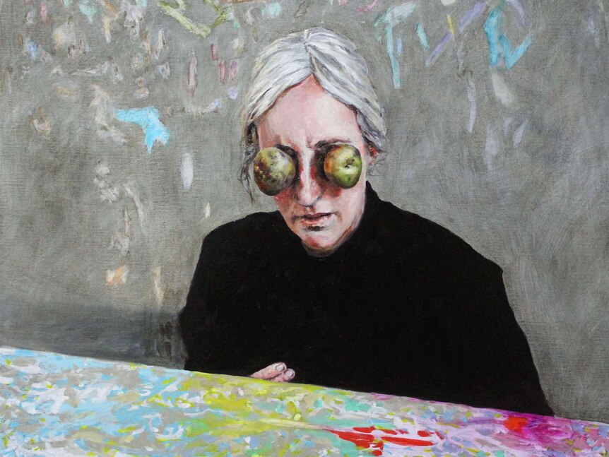 A painting of a woman with grey hair sitting down with potatoes covering her eyes