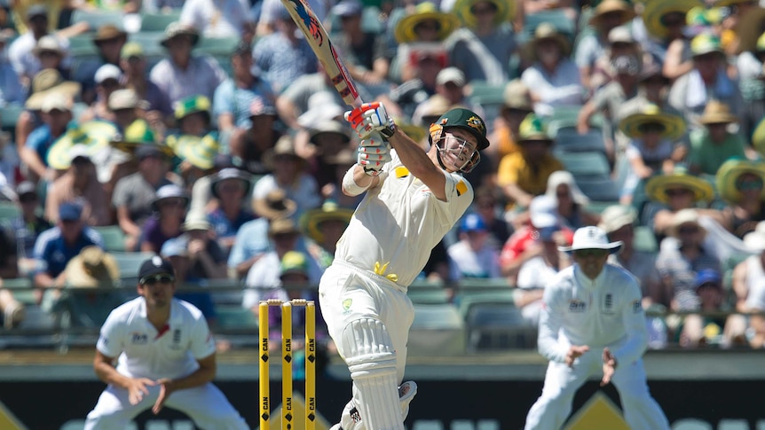 David Warner hits a six in Perth