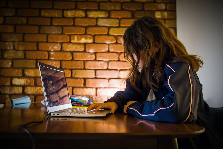 A school student shrouded in shadow, using a laptop at a home table.