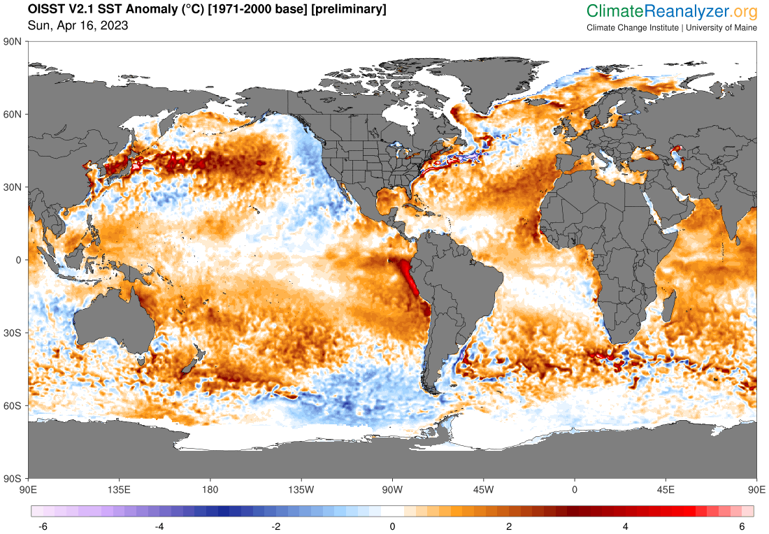 Heat map of the world showing water temperatures across the earth's surface